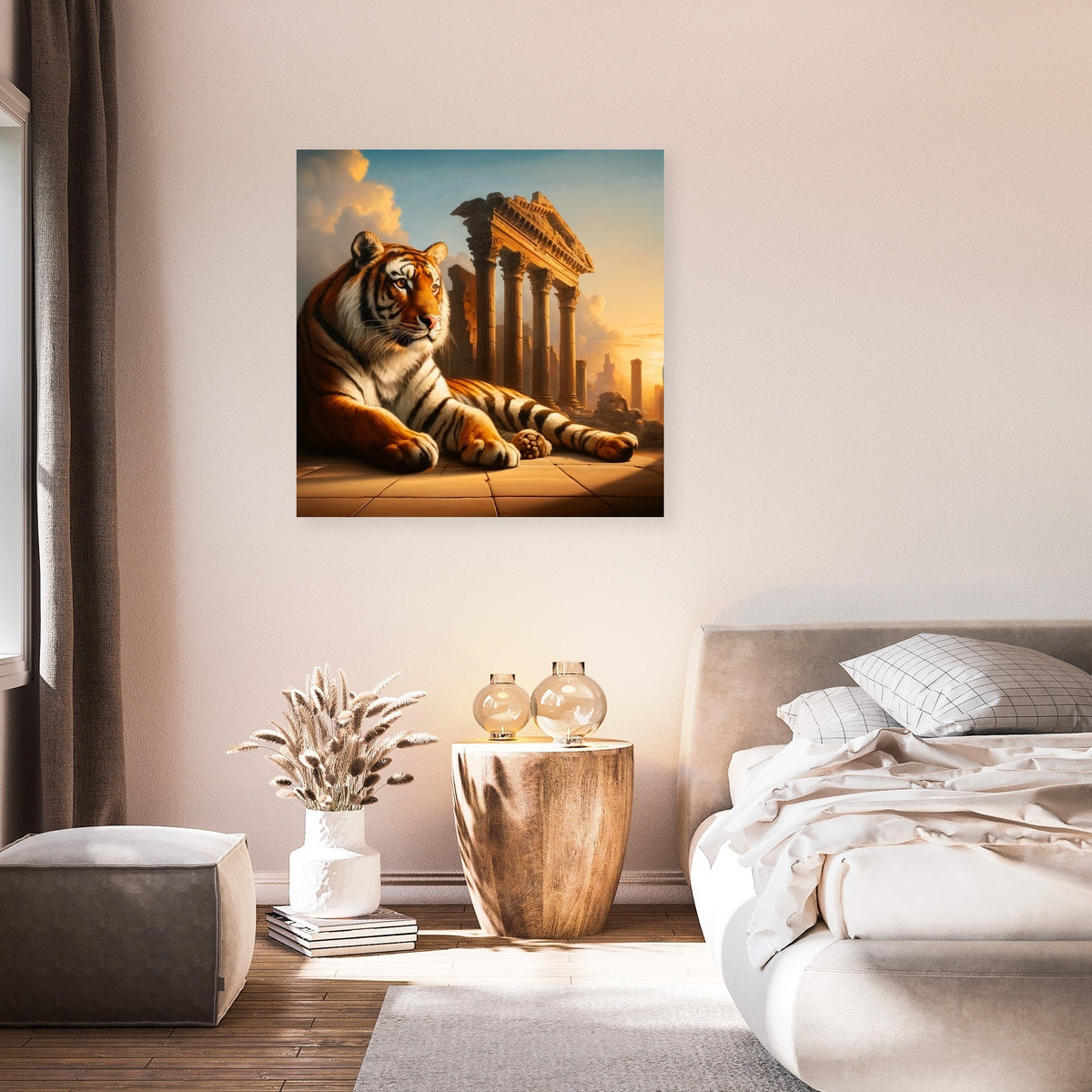 Majestic tiger resting beside ancient columns in wall art canvas for stylish home decor