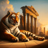 Majestic tiger resting in front of ancient ruins, perfect for Wall Art Canvas to enhance any room