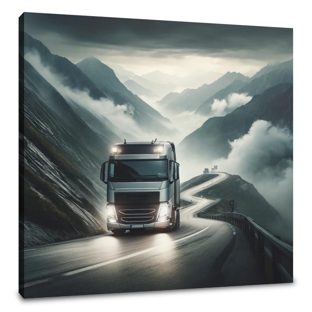 Wall Art Canvas featuring a truck driving through scenic mountains and misty roads