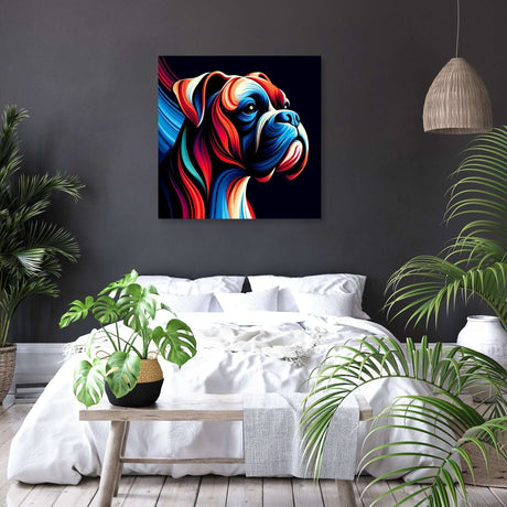Colourful Wall Art Canvas featuring a stylised dog portrait in a modern bedroom setting