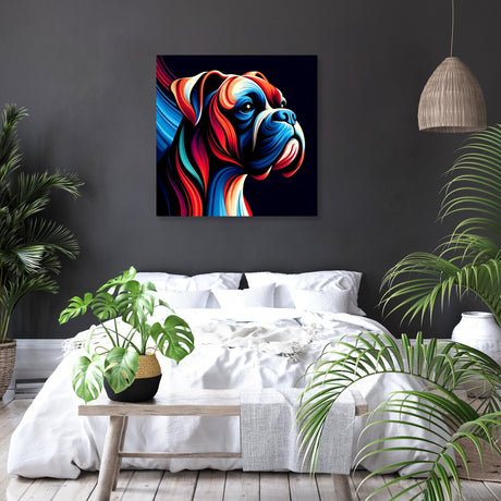 Colourful Wall Art Canvas featuring a stylised dog portrait in a modern bedroom setting