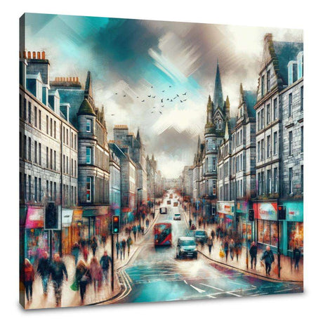 Beautiful wall art canvas depicting a busy city street scene with people and traffic