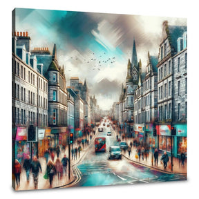 Beautiful wall art canvas depicting a busy city street scene with people and traffic