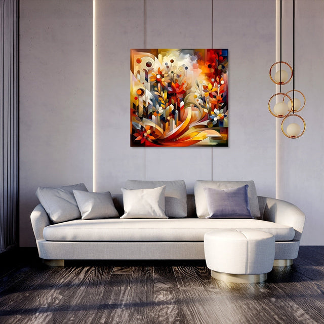 Vibrant floral Wall Art Canvas displayed above a modern white sofa in a stylish living room