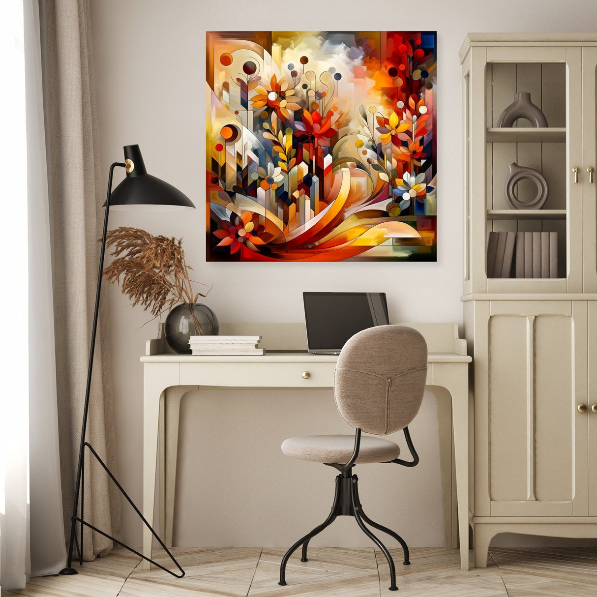Bright floral Wall Art Canvas displayed in a stylish home office setting with modern furniture