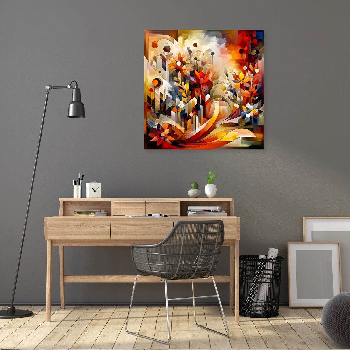 Colourful floral abstract wall art canvas that adds vibrancy to any home office space
