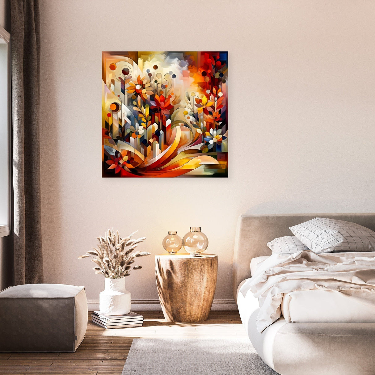 Colourful abstract wall art canvas featuring vibrant flowers in a modern interior setting