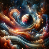 Colourful abstract wall art canvas depicting a vibrant cosmic scene with swirling clouds and planets