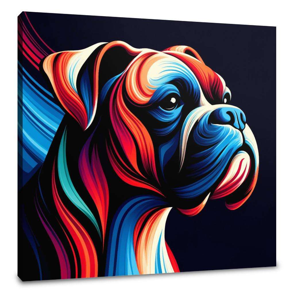 Vibrant colourful wall art canvas featuring a stylised dog portrait by HOME ART HAVEN