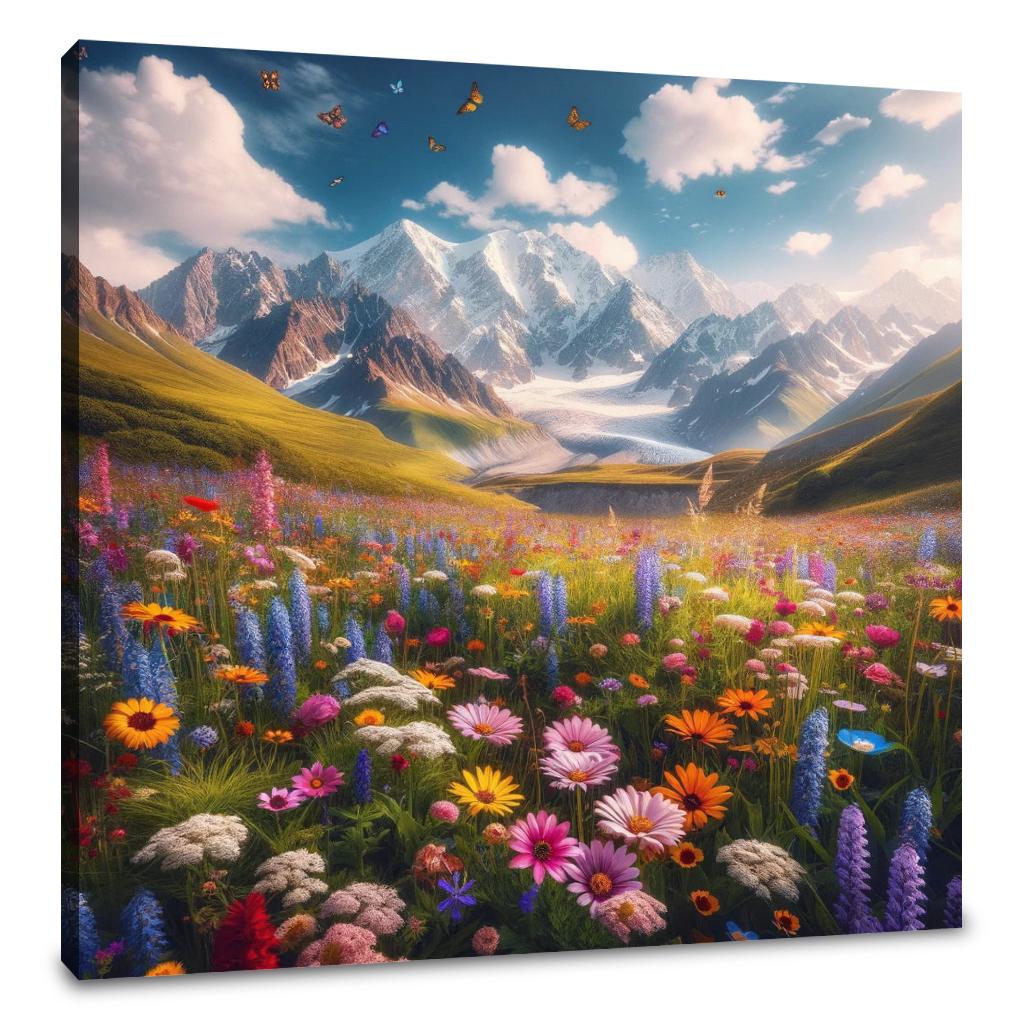 Beautiful Wall Art Canvas featuring a vibrant flower meadow with mountains and a blue sky
