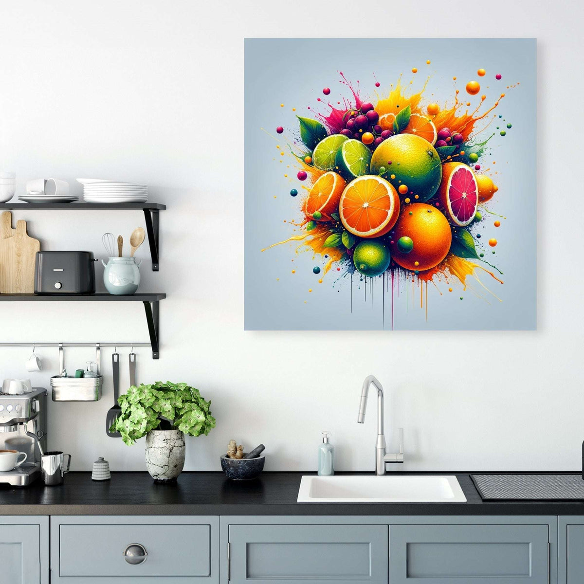 Vibrant Wall Art Canvas featuring a colourful fruit splash design for kitchen decor