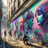 Vibrant wall art canvas depicting urban street art with colourful graffiti and artists at work
