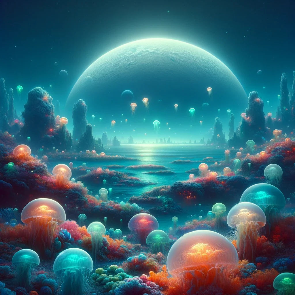 Dreamy cosmic scene featuring glowing jellyfish, perfect for vibrant wall art canvas decor