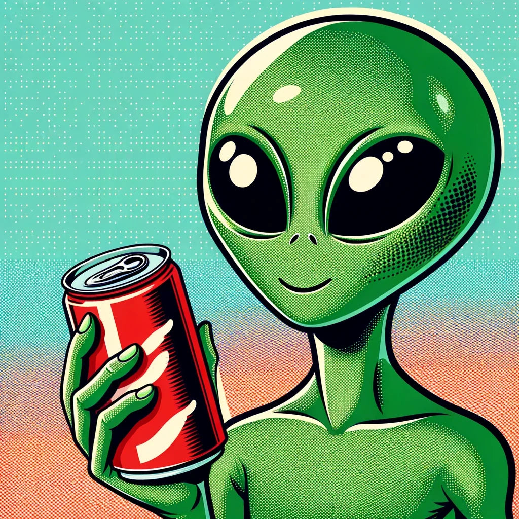 Colourful Wall Art Canvas featuring a friendly alien holding a soda can against a vibrant background