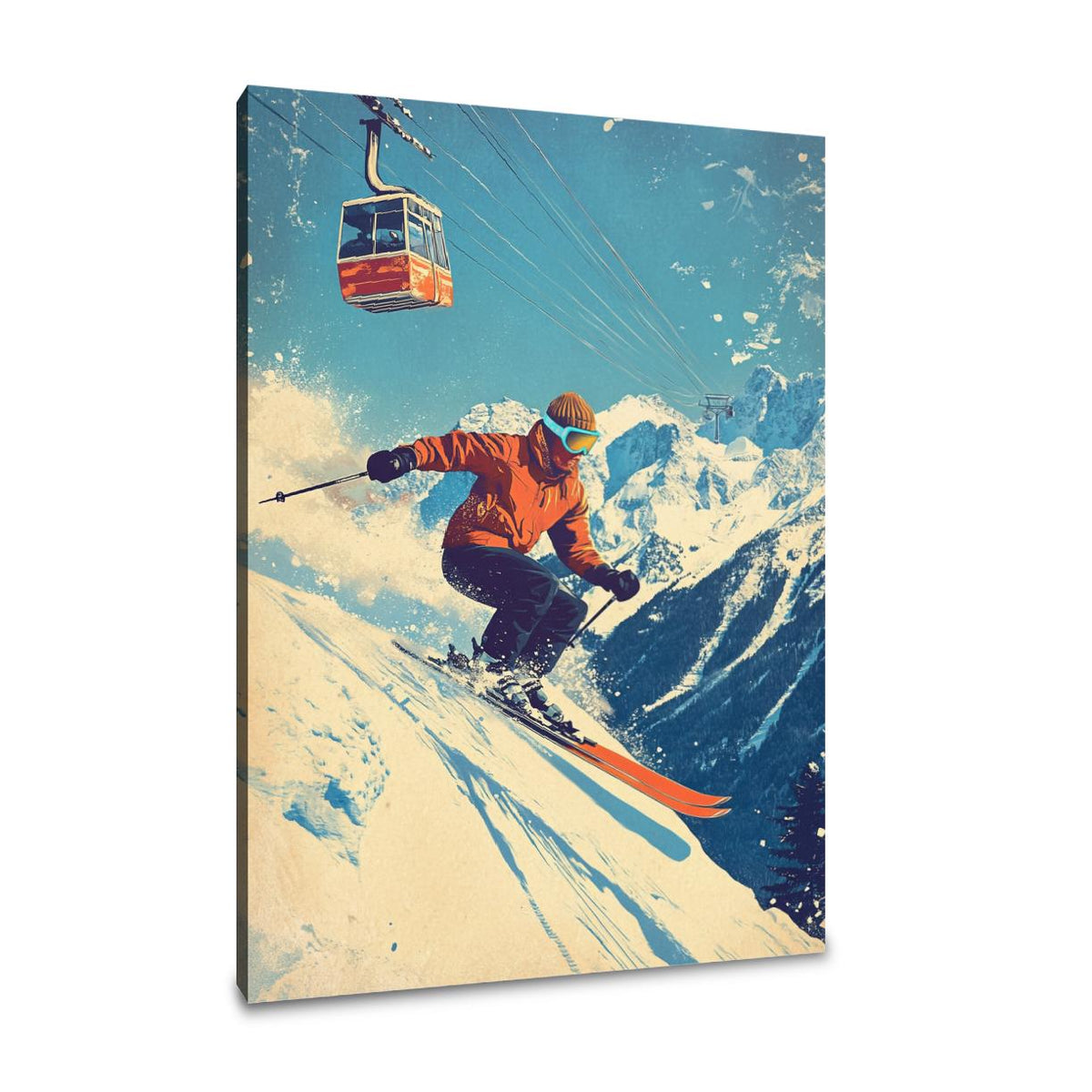 Vintage Wall Art Canvas featuring a skier descending a snowy mountain with a cable car in the background
