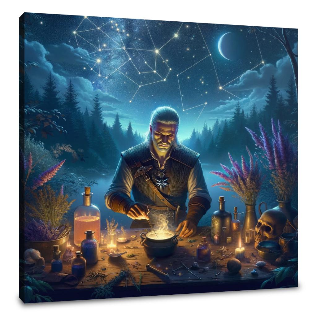 Mystical Wall Art Canvas featuring a sorcerer in a moonlit forest mixing potions and stars