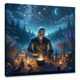 Mystical Wall Art Canvas featuring a sorcerer in a moonlit forest mixing potions and stars