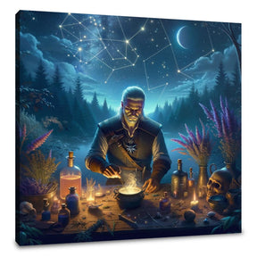 Mystical Wall Art Canvas featuring a sorcerer in a moonlit forest mixing potions and stars