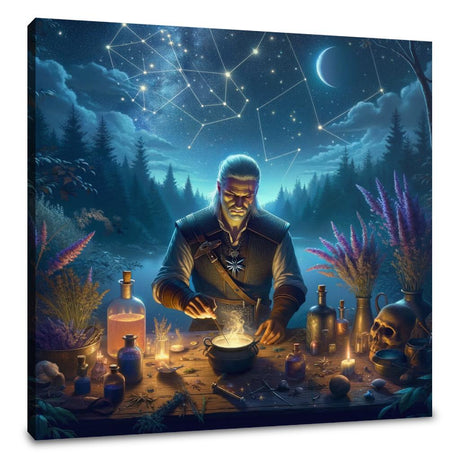Mystical Wall Art Canvas featuring a sorcerer in a moonlit forest mixing potions and stars