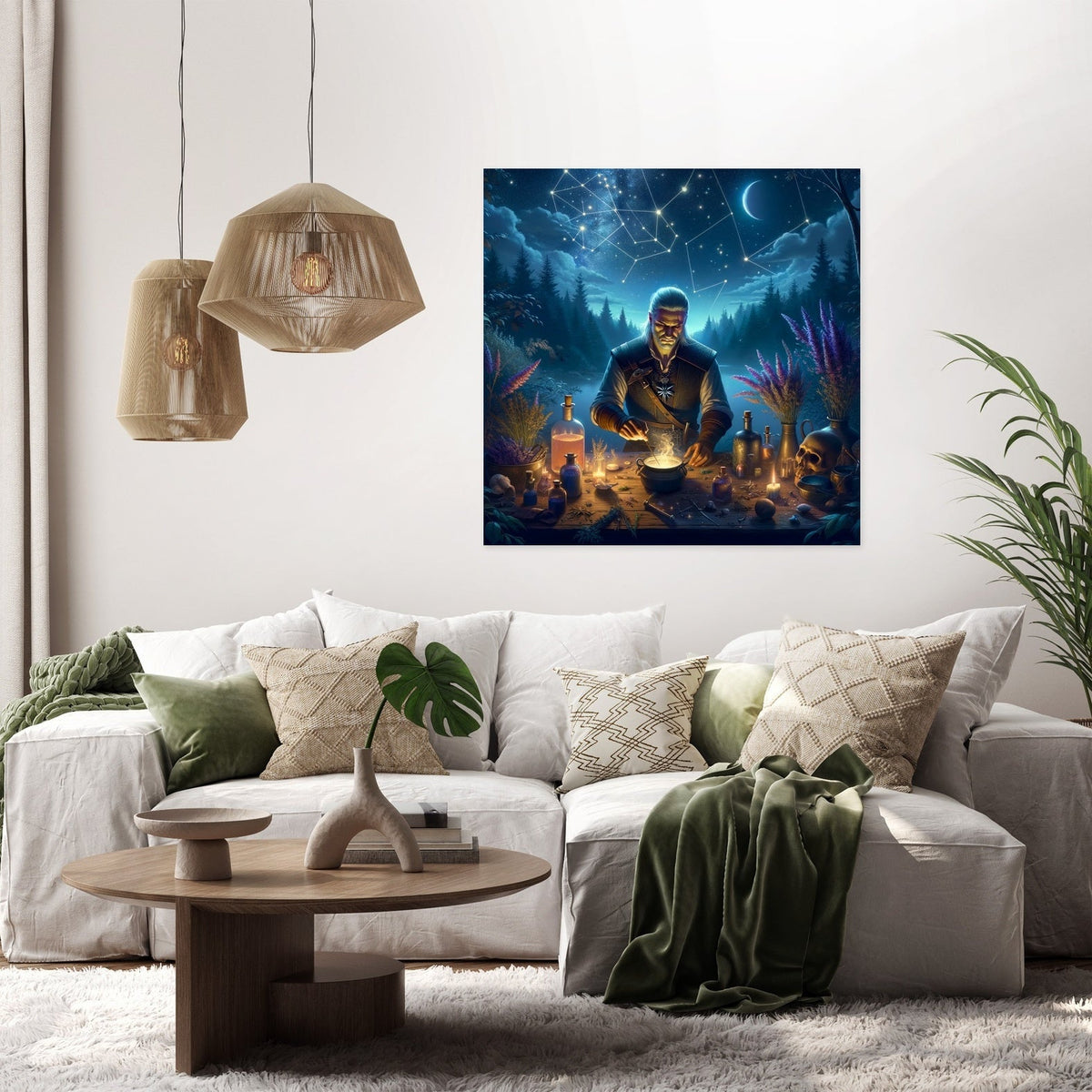 Vibrant wall art canvas depicting a serene nocturnal scene with a figure surrounded by nature and stars