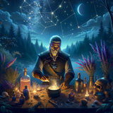 Enchanting Wall Art Canvas featuring a sorcerer mixing potions under a starry night sky