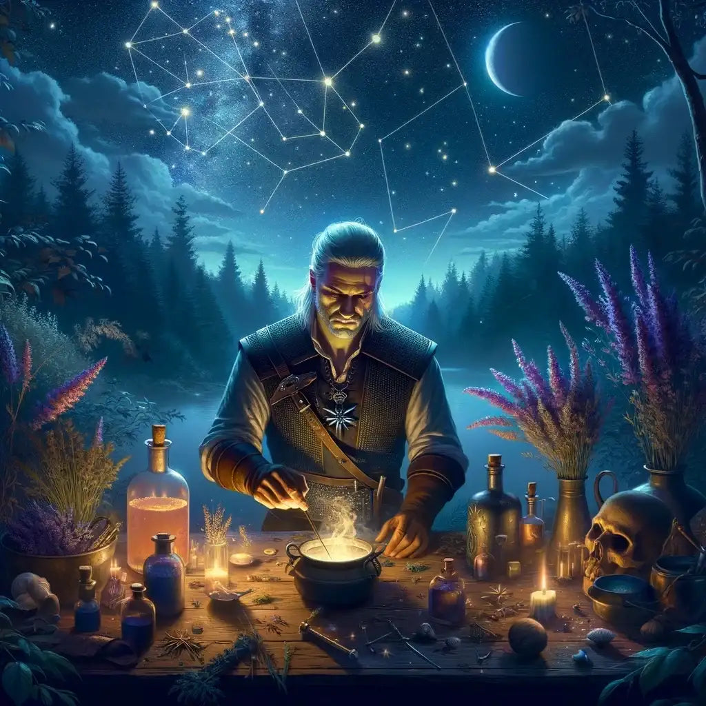 Enchanting Wall Art Canvas featuring a sorcerer mixing potions under a starry night sky