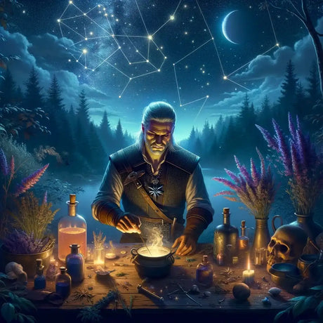 Enchanting Wall Art Canvas featuring a sorcerer mixing potions under a starry night sky