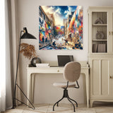 Vibrant wall art canvas depicting a lively street scene filled with colourful murals and artistic expression