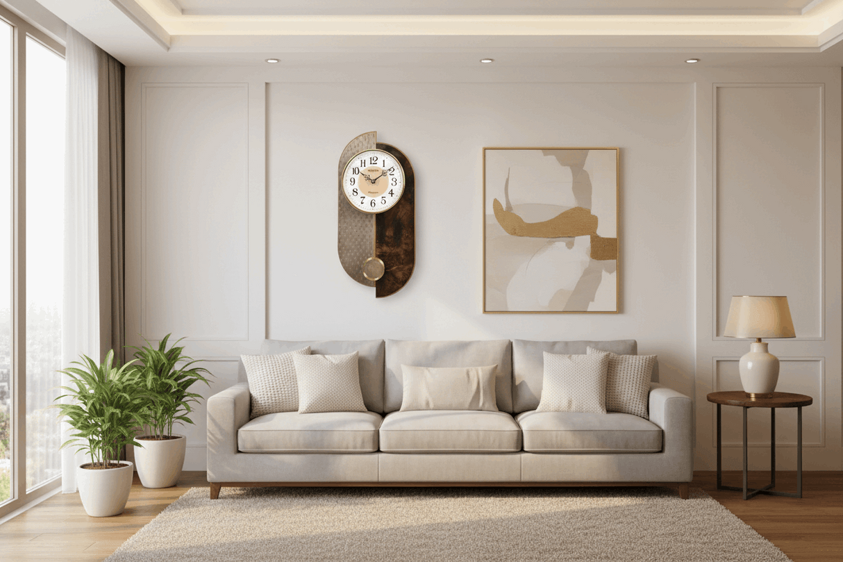 Widdop Wall Clock in a stylish living room above a modern sofa with decorative plants