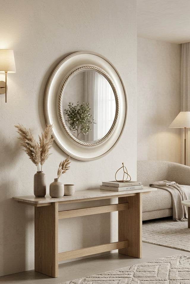 Elegant Orsina Wall Mirror with decorative frame above a wooden console table in a stylish living room