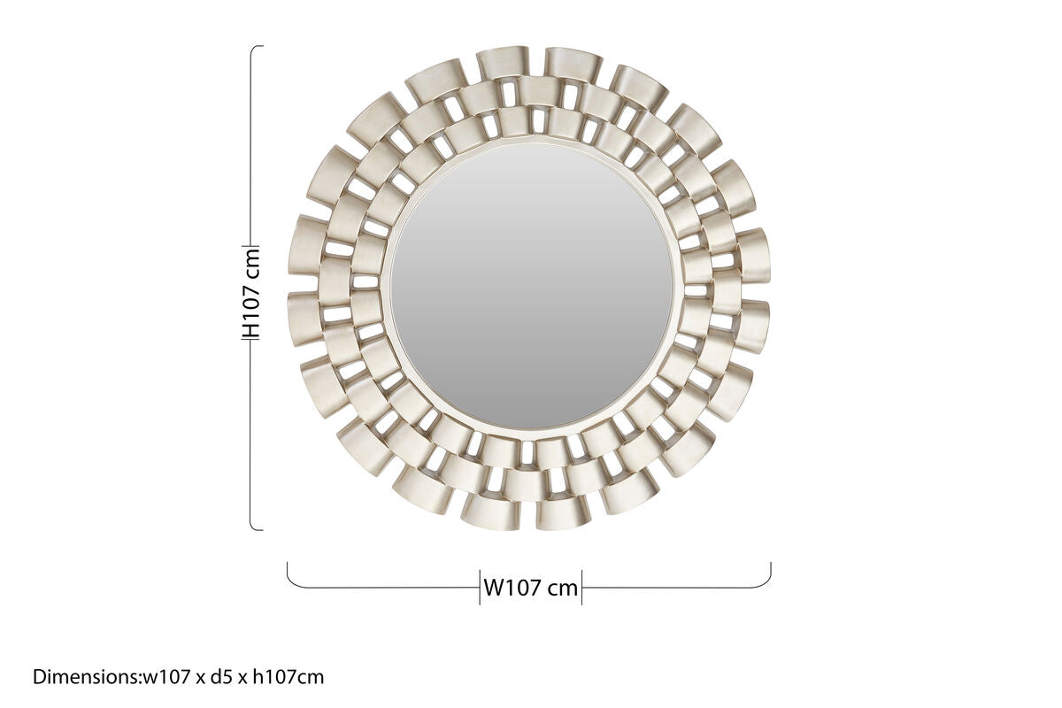 Orsina wall mirror with a unique circular frame design measuring 107cm diameter for stylish home decor
