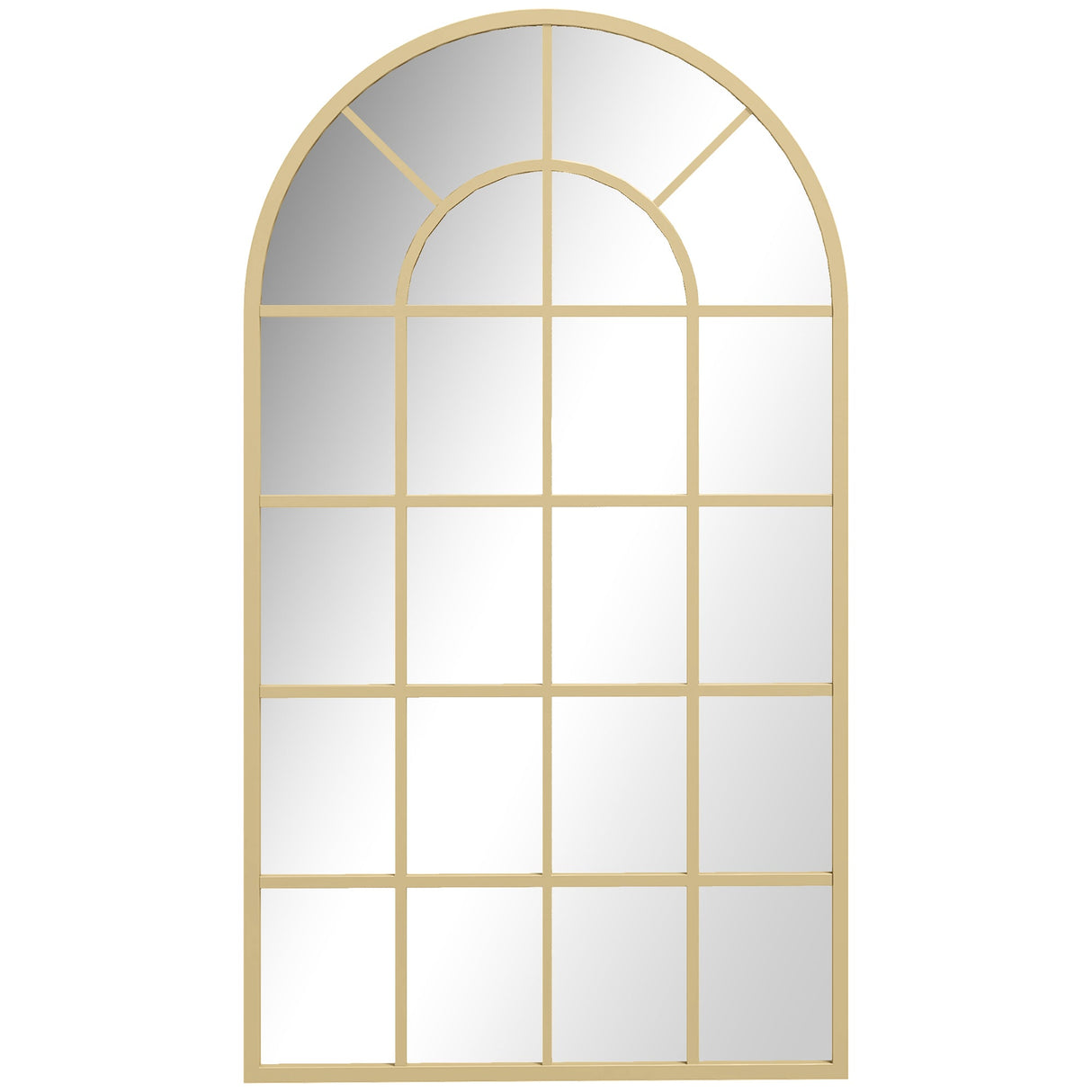 Elegant arched wall mirror with a gold frame and grid pattern for stylish bathroom decor