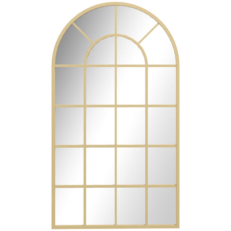 Elegant arched wall mirror with a gold frame and grid pattern for stylish bathroom decor