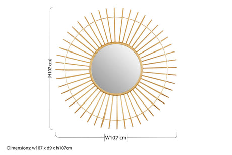 Orsina Wall Mirror with a sunburst design, measuring 107cm in diameter with a gold finish