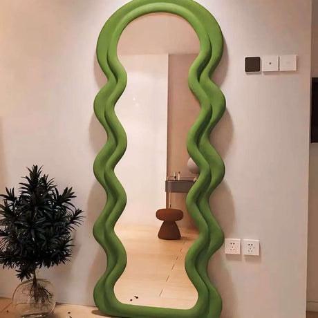 Unique Green Wall Mirror with Wavy Frame Design, Perfect for Modern Home Decor