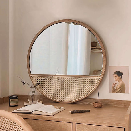 Nisu Home Wall Mirror with Rattan Detailing for Stylish Home Decor in Natural Finish