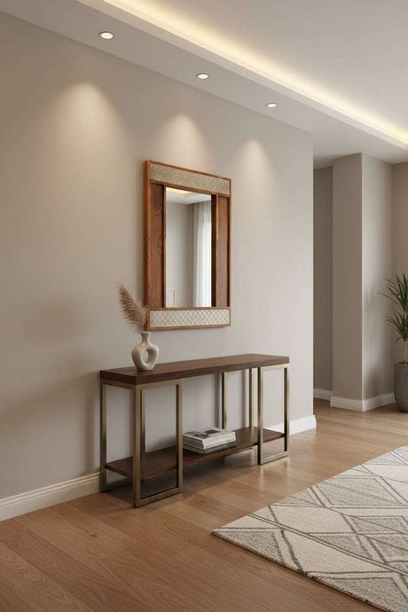 Orsina Wall Mirror with Wood Frame Above a Console Table in a Modern Hallway