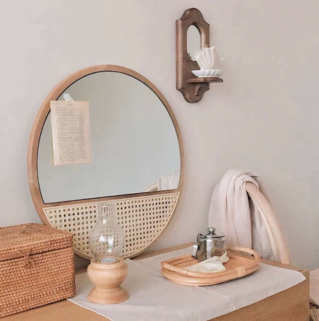 Nisu Home Round Wall Mirror with Rattan Detailing for Stylish Home Decor