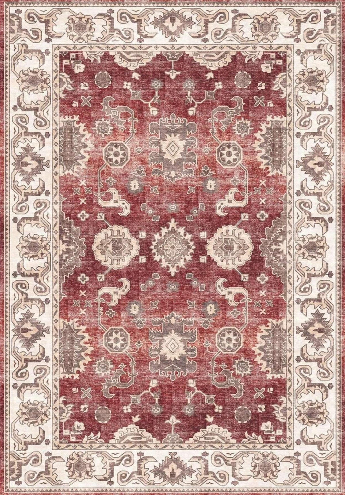 Elegant red and cream patterned washable rug with intricate floral designs for home decor