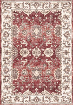 Elegant red and cream patterned washable rug with intricate floral designs for home decor