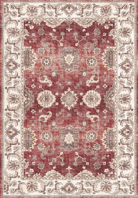 Elegant red and cream patterned washable rug with intricate floral designs for home decor