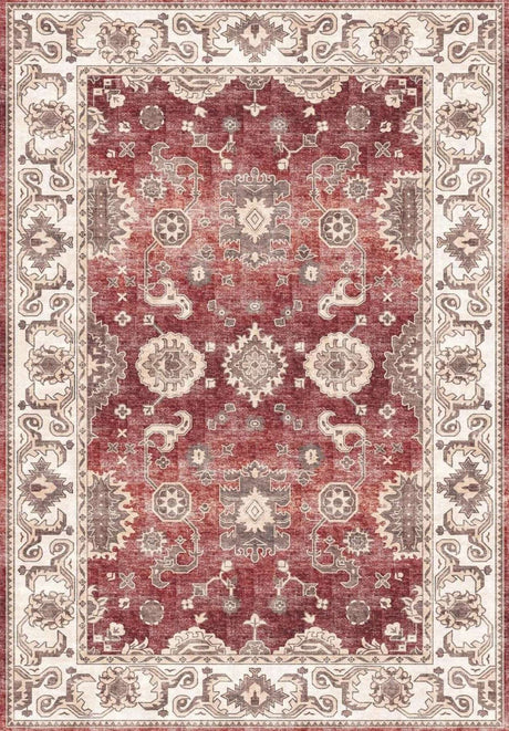 Elegant red and cream patterned washable rug with intricate floral designs for home decor