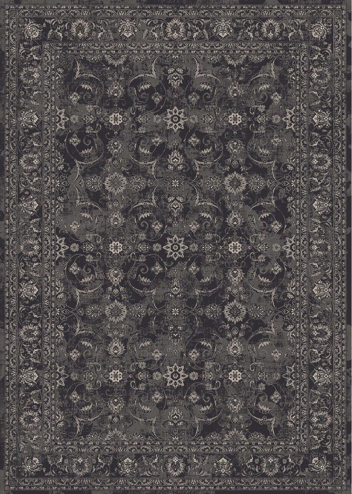 Elegant black and grey patterned washable rug with intricate floral designs for versatile home decor