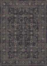 Elegant black and grey patterned washable rug with intricate floral designs for versatile home decor