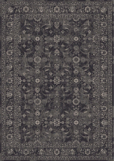 Elegant black and grey patterned washable rug with intricate floral designs for versatile home decor