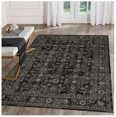 Elegant black and grey traditional washable rug with intricate floral pattern for stylish interiors