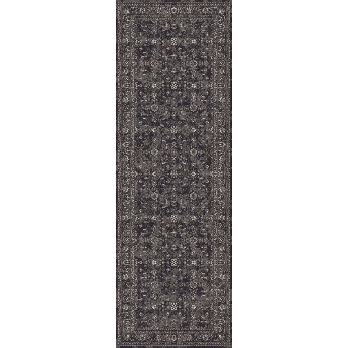 Elegant grey washable rug with intricate floral patterns, perfect for hallways and entryways
