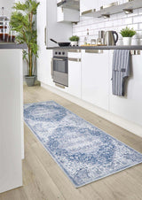 Stylish blue washable rug ideal for kitchen spaces, designed for easy cleaning and modern decor