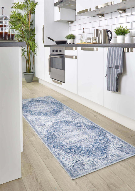 Stylish blue washable rug ideal for kitchen spaces, designed for easy cleaning and modern decor