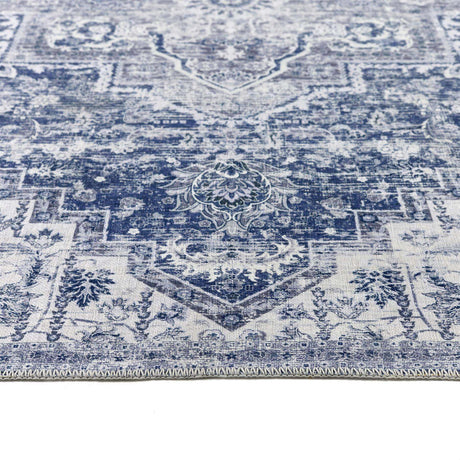 Elegant blue and white patterned washable rug featuring intricate designs for versatile home decor